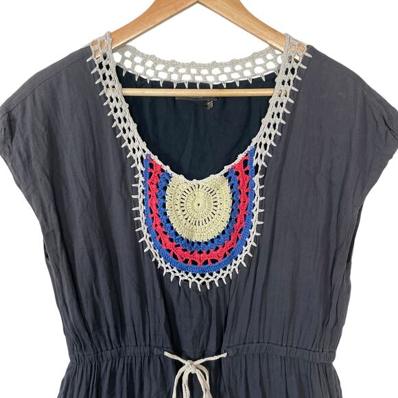 Theme Crochet Tunic Mini Dress Navy Blue Cap Sleeves Size Large - Picture 2 of 11